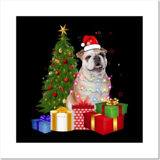 Bulldog Christmas Tree Santa Hat Funny Xmas Gift Dog T-Shirt Posters and Art